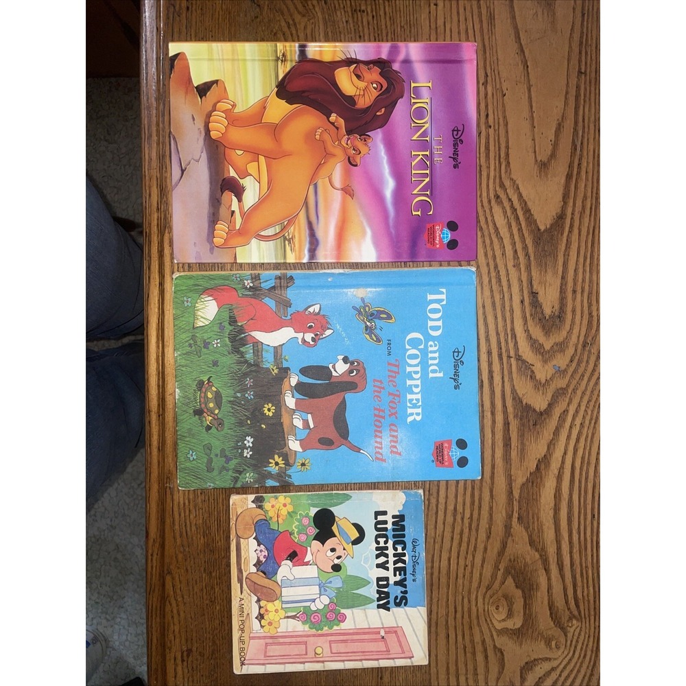 3 Vintage Walt Disney Books Lion King - Tod And Copper - Mickey's Lucky Day (pop